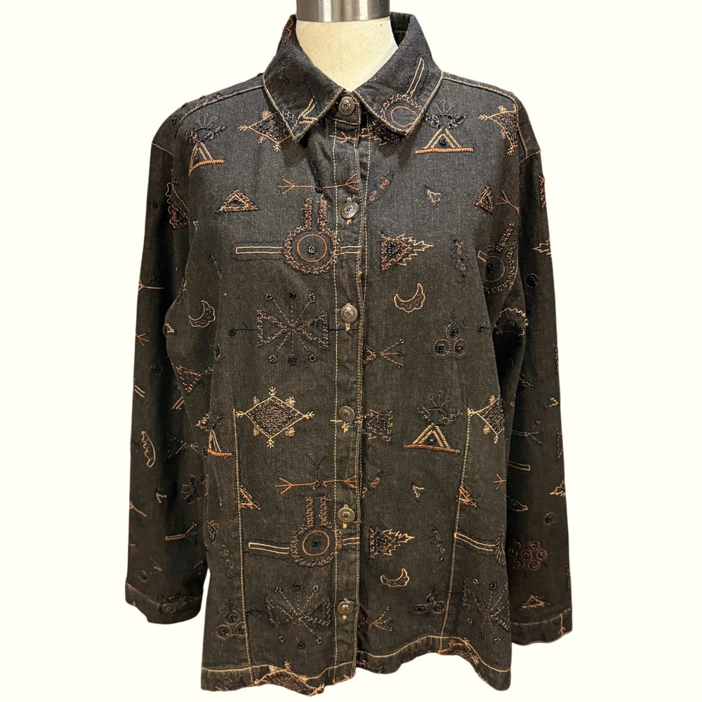 VTG Chicos XL Brown Embroidered Beaded Silk Denim Jacket Boho Southwestern Artsy